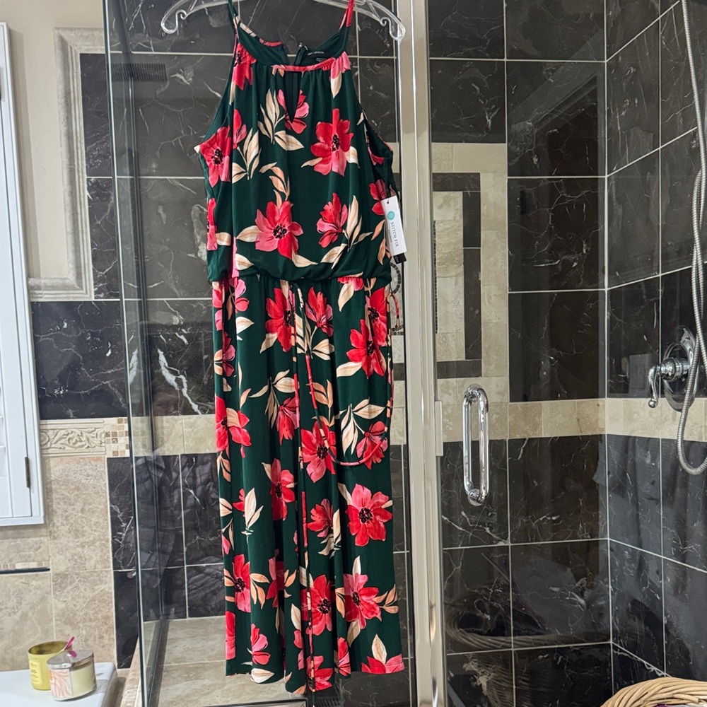 Maggy London Green Halter Floral Jumpsuit with Red Flowers